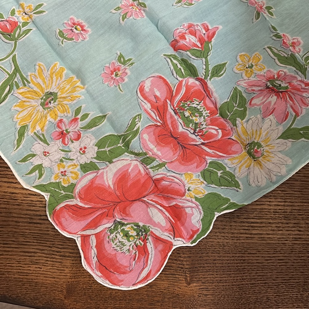 Vintage Aqua Handkerchief with pink and yellow florals - Picture 2 of 3